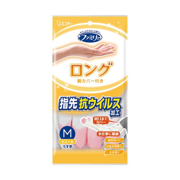(まとめ) エステー ファミリー ビニールうす手腕カバー付き 指先抗ウイルス加工 ピンク M 1双 10セット