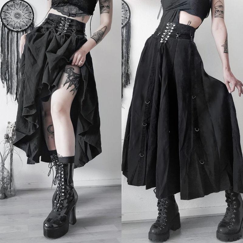 DarkLookハロウィン衣装ゴシック双方向ロールプレイングハイウエスト女性用スリムフィットコスプレとフラッタリングAラインロングスカート