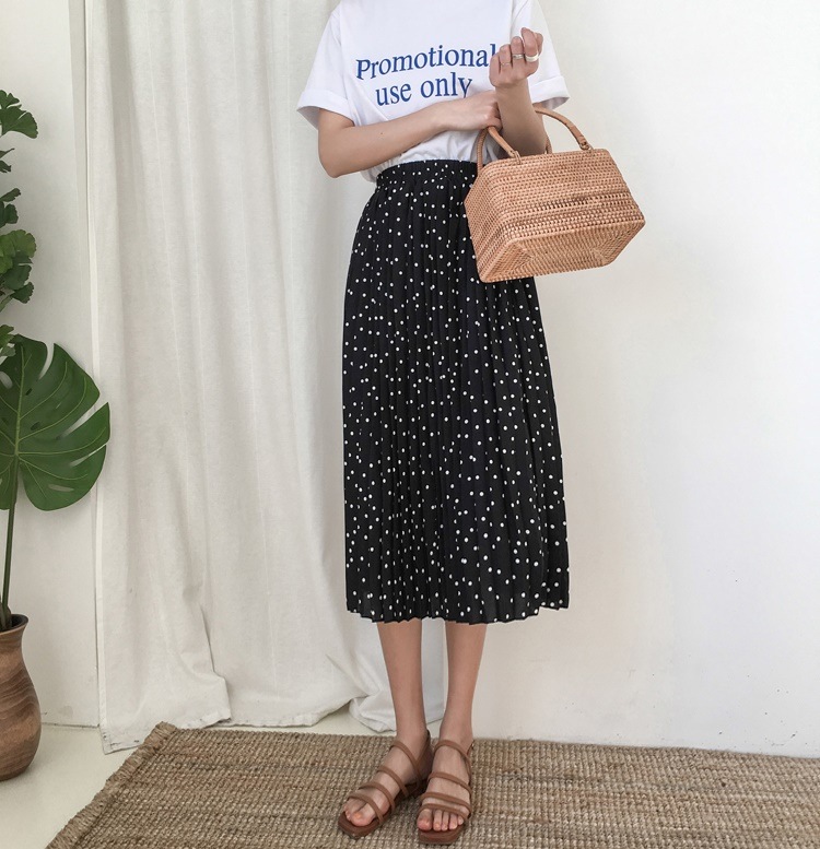 3107.ドット柄 ハイウエストシフォンプリーツスカート（ブラック）