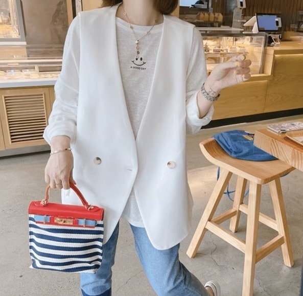 アウター レディース ジャケット ノーカラー 春服 秋服 丈長 お尻隠れ ノースリーブ Vネック 襟なし ノーカラー インスタ映え SNS 映え 写真 映え 格上げ 日差し対策 体型カバー 着痩せ 普