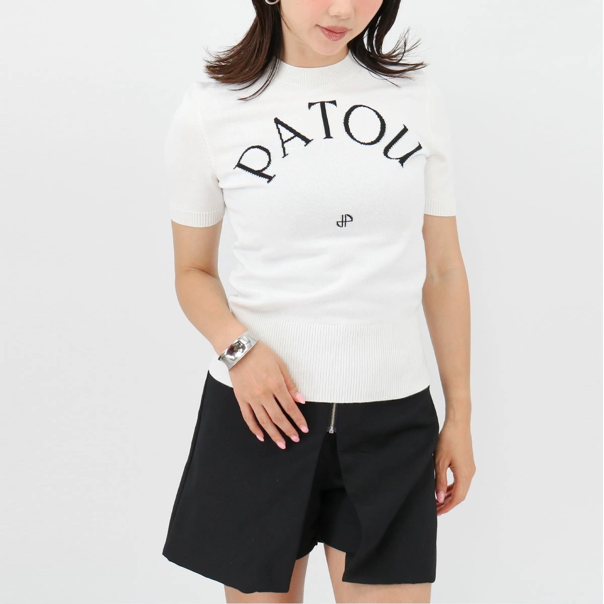 KN0688045 ロゴ半袖ニット クルーネック レディース セーター ジャカードニット サマーニット WHITE コットン