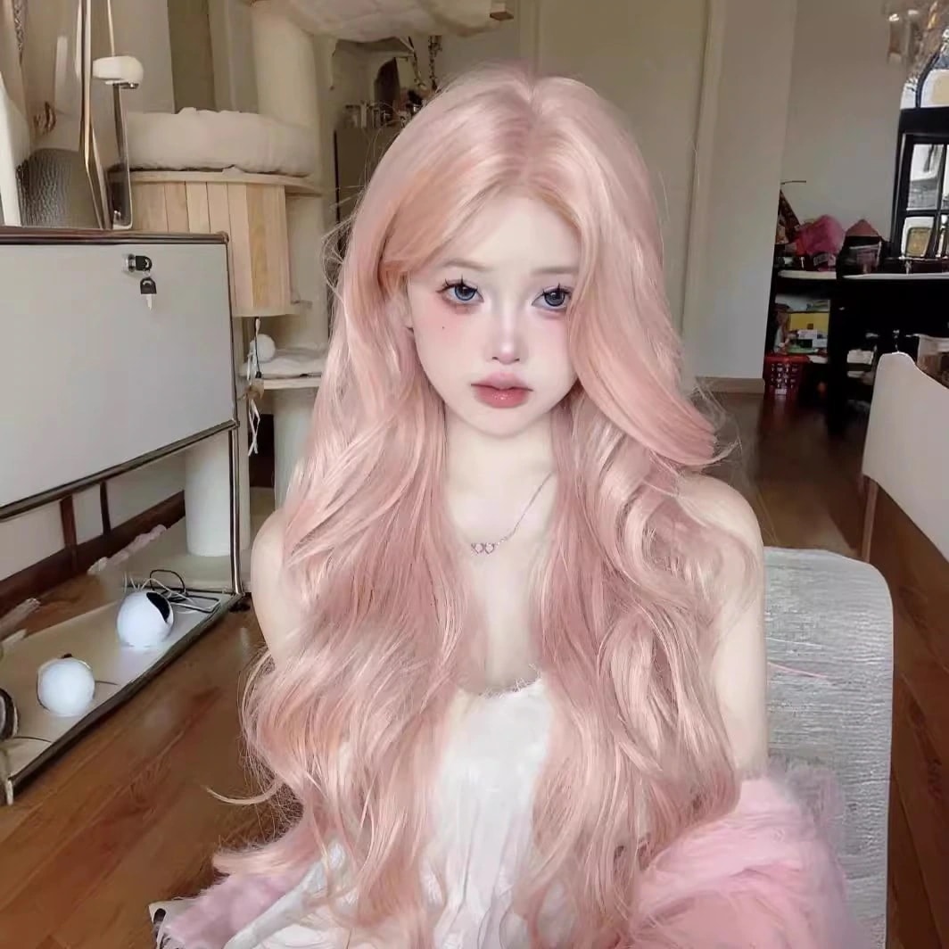 【美品】人毛100%ウィッグ｜ローズピンク　ロング Qoo10] ウィッグ女性ローズピンクロングヘアセンタ