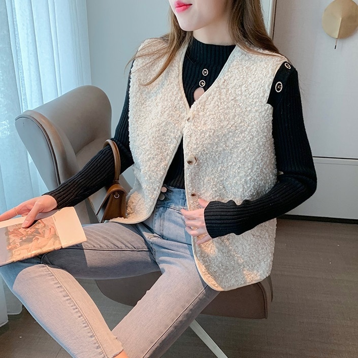 【送料無料】レディース ボア ベスト ジャケット ノーカラー フック 大人可愛い ママコーデ