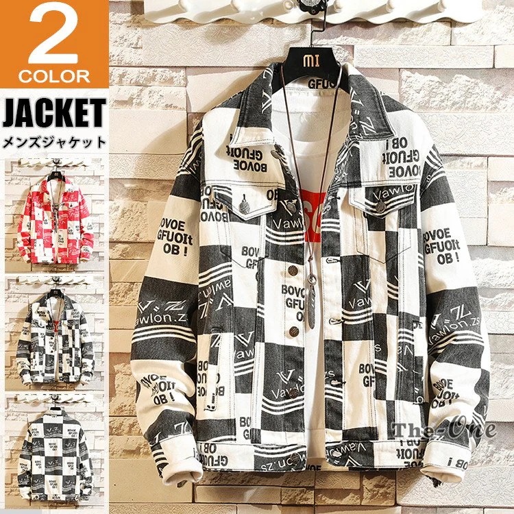 デニムジャケット Gジャン メンズ ジャケット ブルゾン チェック 総柄 文字柄 おしゃれ 秋服 ア
