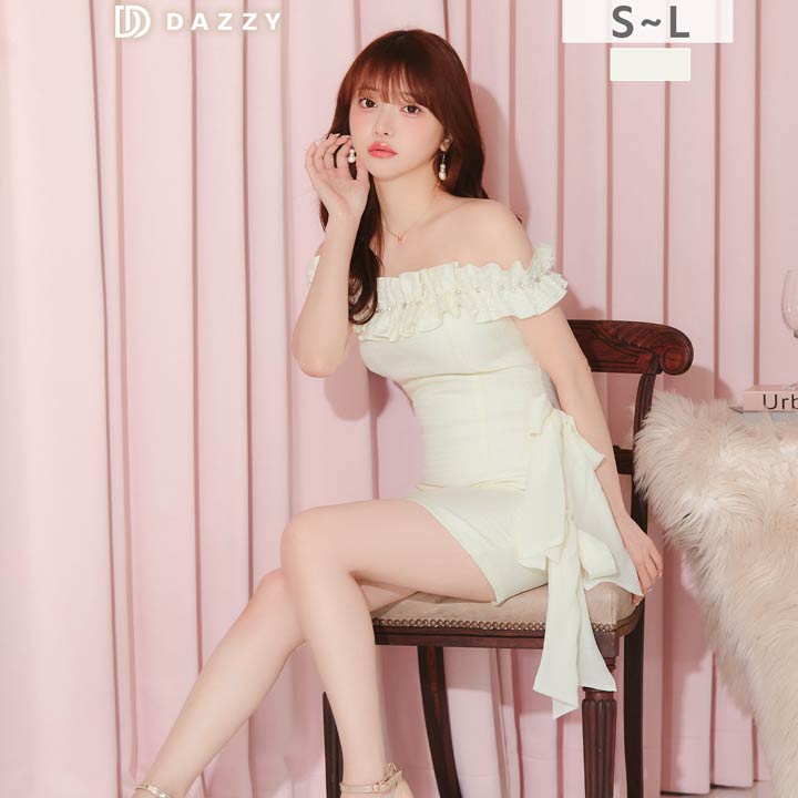 華やか顔魅せフリル×存在感与えるサイドリボンのワンショルタイトミニ丈キャバドレス[SML/3サイズ展開]