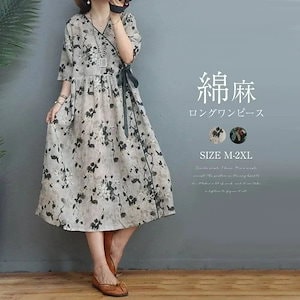 【20点セット】【送料無料】ワンピース ロングワンピース 半袖 きれいめ コットンリネン 綿麻 リネン 綿 花柄 総柄 リネンワンピース 総花柄 プリント リゾート vネック 大きいサイズ カジュアル