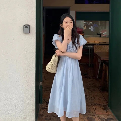 【超お得1つ買うと10個もらえる】メガ割ワンピース 夏の準備 夏用フレンチVネック半袖ハイウエストドレス 40,154円