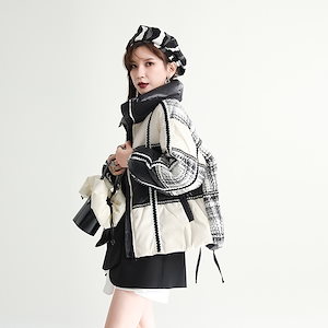可愛いチェックコートレディース冬服アウターショートジャケット韓国ファッションダウンジャケット2022人気新作