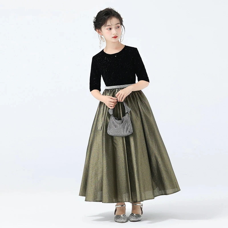[よい商品]キッズドレス 子供ワンピース ブラック ドレス 結婚式 フォーマル スカート 女の子 二次会 花嫁 子供服 パーティードレス Aラインドレス 子どもドレス 発表会 ピアノ 袖あり コンテス