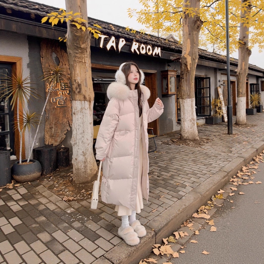 2025年冬新作 韓国風ロング丈ホワイトダックダウンジャケット レディース フォックスファーカラー フード付き 厚手 暖かいコート