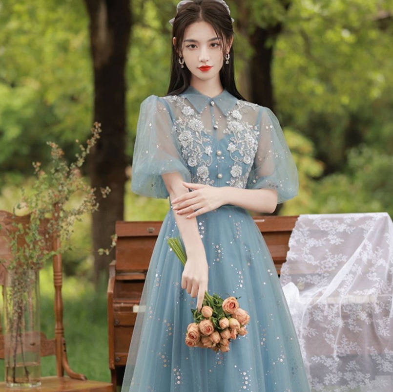 イブニングドレス フレア ロング マキシ 丈長 5分袖 ボリューム袖 襟付き フレア スリム Aライン フェミニン レース 透け感 ボタン 大人可愛い きれいめ 上品 おしゃれ レトロ ガーリー