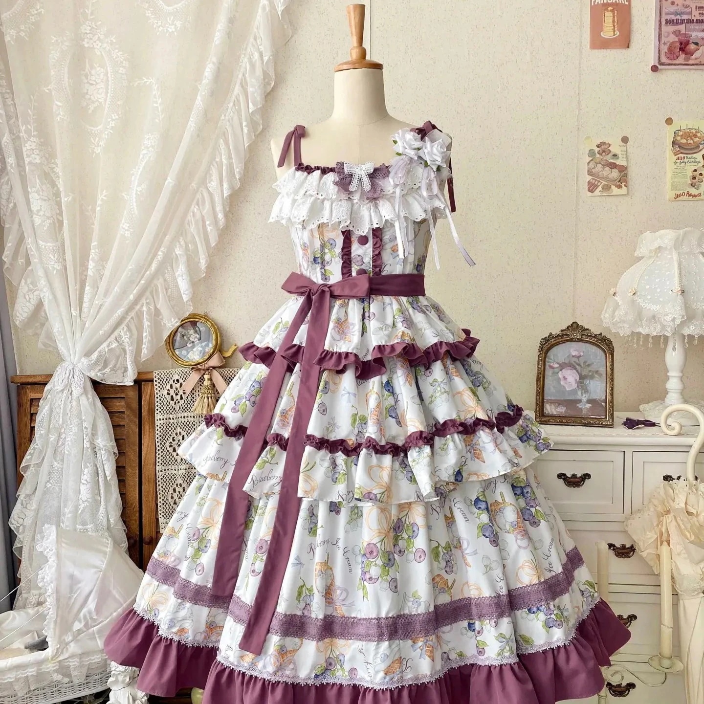 正規品プリントブルーベリー段ストラップlolitaロリータロングjskワンピース