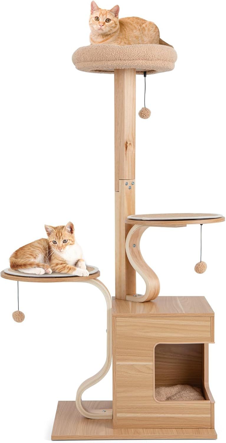 キャットタワー 高さ129cm 猫タワー 猫部屋 ネコタワー 猫用 据え置き 多頭飼い 展望台 ボンボンおもちゃ付き スリム設計 爪磨き 頑丈 爪研ぎ 木登り 木製