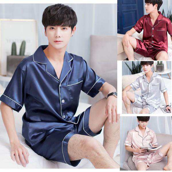 新品 パジャマ 男性 夏メンズ 半袖 上下セット 前開き 2点セットパジャマ ショットパンツ フェイク絹 シャツパジャマ 可愛い ルームウエア 部屋着 全4色 冷房対応
