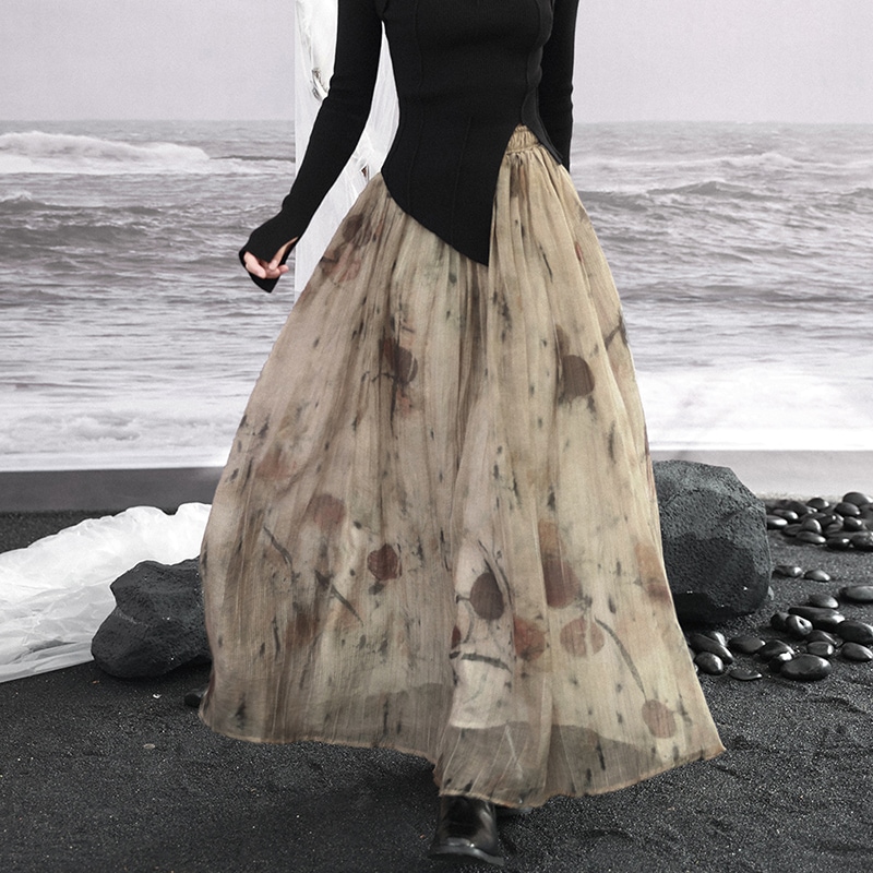 ロングスカート フレア 柄スカート マキシスカート タイダイ柄 ゴムウエスト 通勤 シンプル ロマンティック