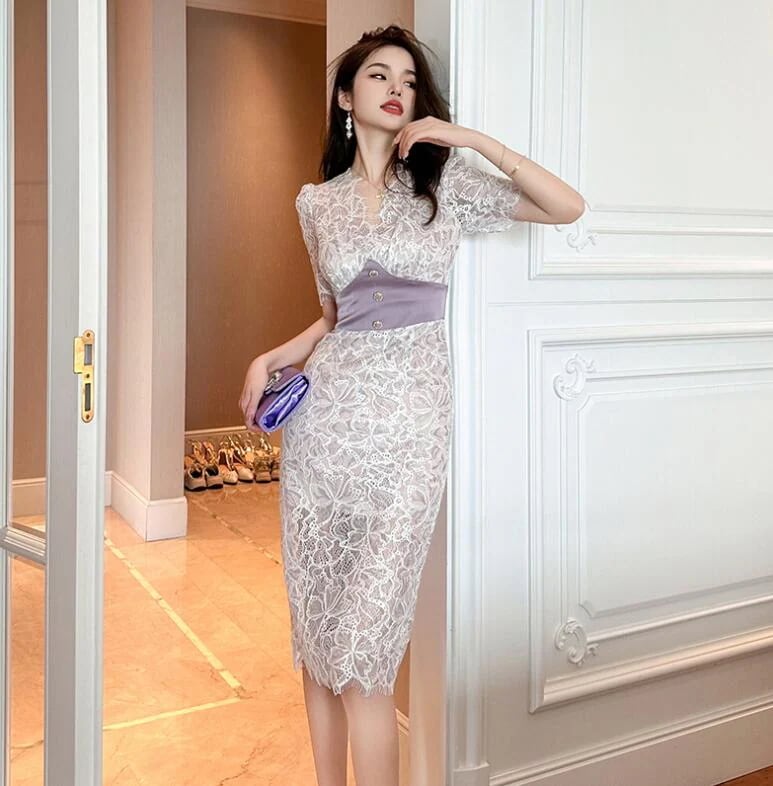 【本日限定】お嬢様 ワンピース 着痩せ タイトワンピース レースワンピース 可愛い ロングワンピース Vネック 夏服 新作 マーメイド 通勤 OL きれいめ 20代30代40代 結婚式ワンピース オフ