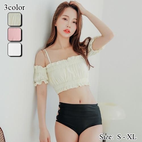 【グラシア】 水着 ハイウエスト レディース ビーチウェア スイムウェア 流行 海 プール ビキニ オフショル ギャザー クロス サイドクロス パフスリーブ クリーム×ブラック ピンク×カーキ ホワイ