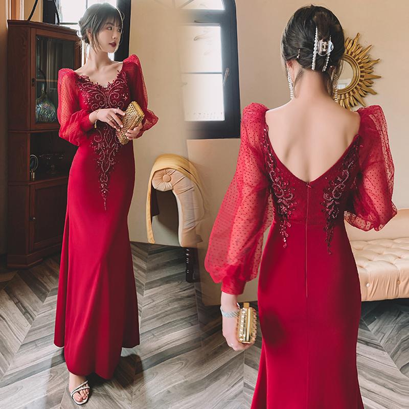 カラードレス マーメイド ロングドレス Vネック 長袖 ワインレッド サテン ビーズ ファスナー ビショップスリーブ イブニングドレス パーティー おしゃれ