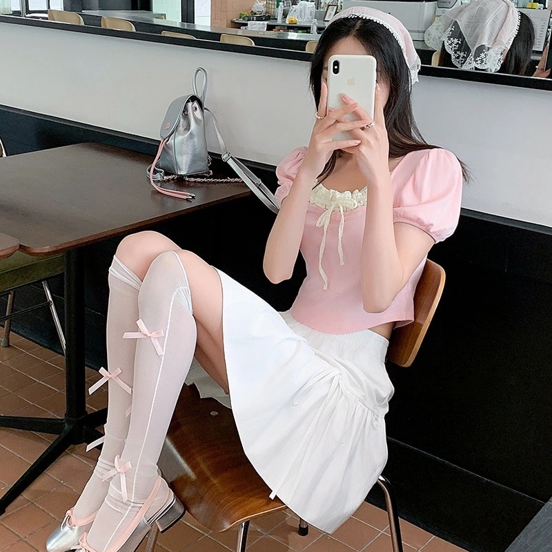 【1つ買うと10つ無料】ホワイトケーキスカートショートウィメンサマースモールパーソンハイウエストバレエスタイルスカートボウ ラインふくらんでいるスカート