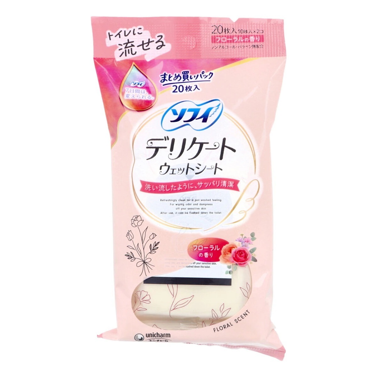 トイレに流せるデリケートウェットシート ユニ・チャーム ノンアルコール フローラルの香り 10枚 2個入り X10パック