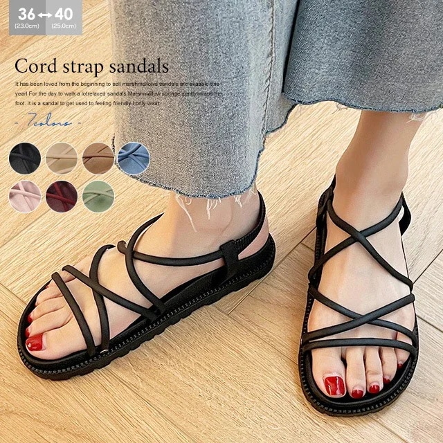 【急速出荷!】1つ買うと10個サンダル 歩きやすい 履きやすい 厚底 コードストラップ スクエアトゥ レディース プラットフォーム ブラック ブラウン カジュアル ゴム ストラップ リゾート ルリアン