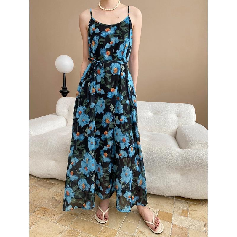 モネの庭の油絵の花のレースの上のウエストの細くの優雅な革紐の服SN