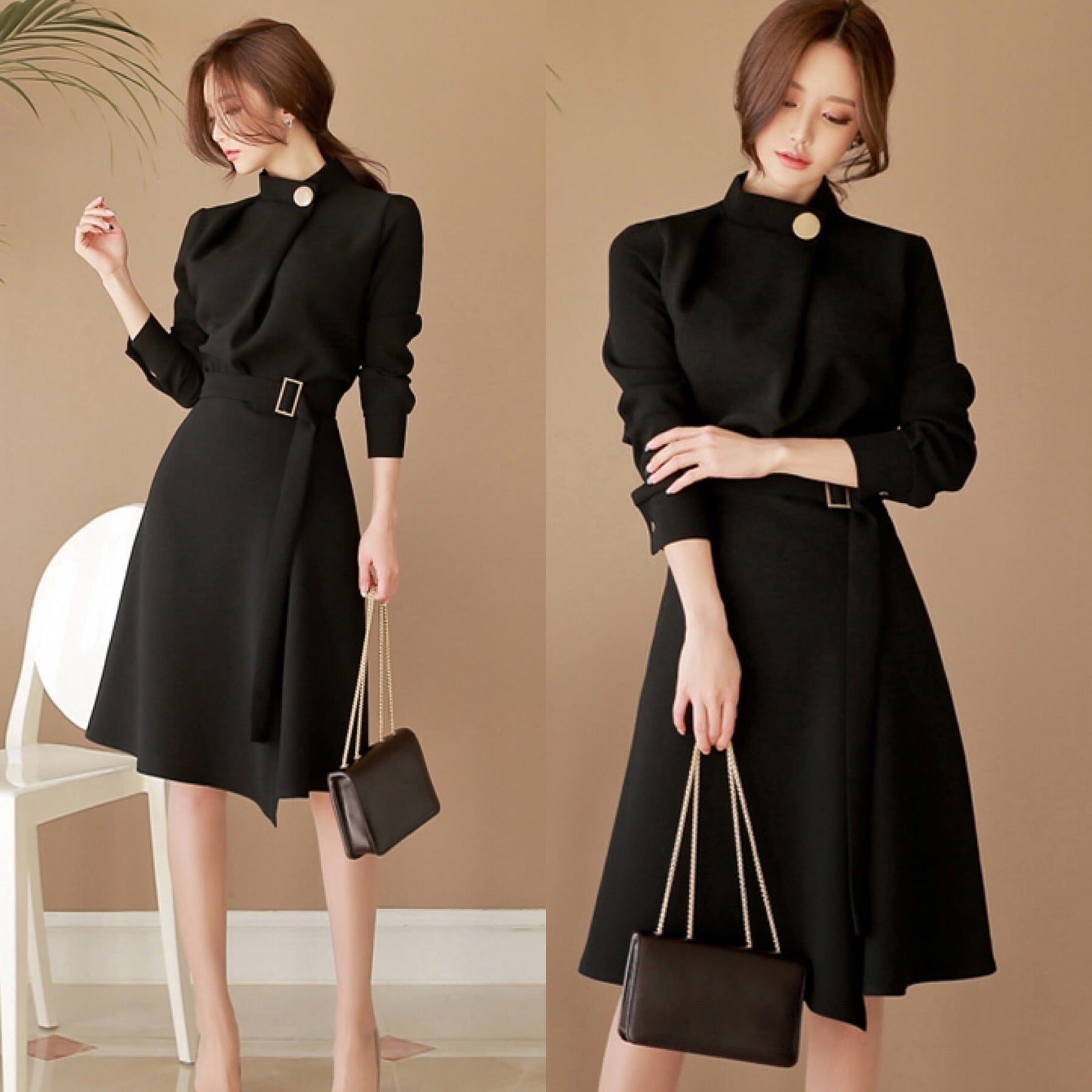 ハイネック フレア ショート ドレス ブラック パーティドレス ハイウエスト ベルト 上品 エレガント 無地 ワンカラー シンプル レディース 2018年新作 定番 人気 およばれ 結婚式 二次会