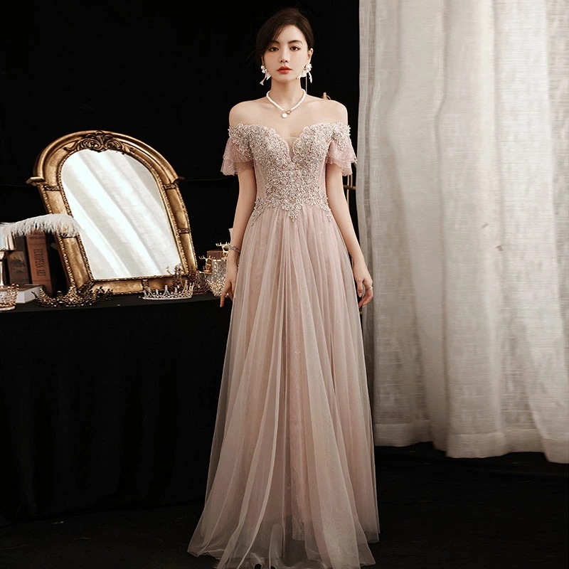 カラードレス 編み上げ ピンク 半袖 オフショルダー パーティードレス フォーマル ロングドレス 結婚式 二次会 発表会 ウェディングドレス ウエディングドレス ゲストドレス チュールドレス 姫風 コ