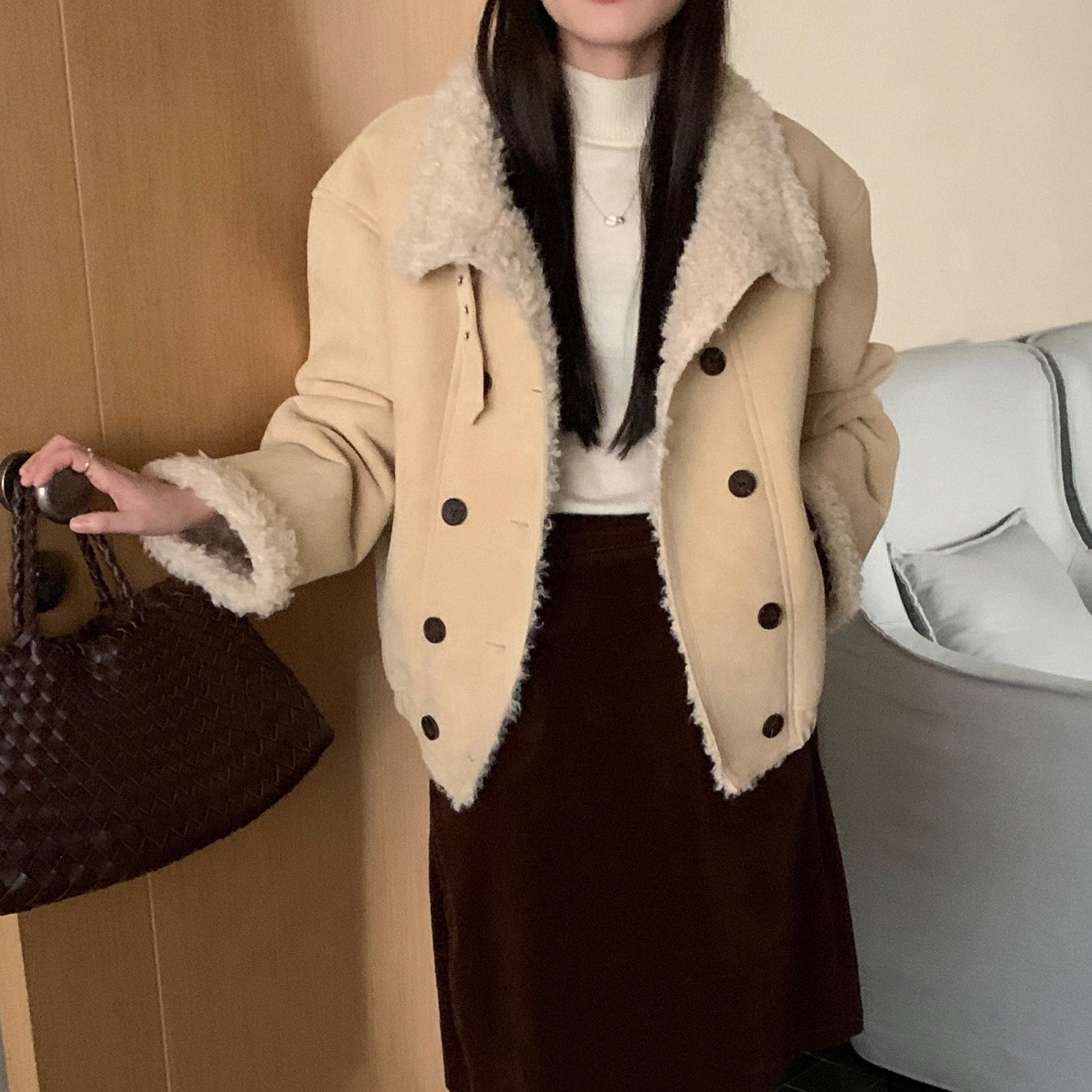 ウェーブファーファーレザー一体型 ダブルボタンアウター レディース フェイクファー