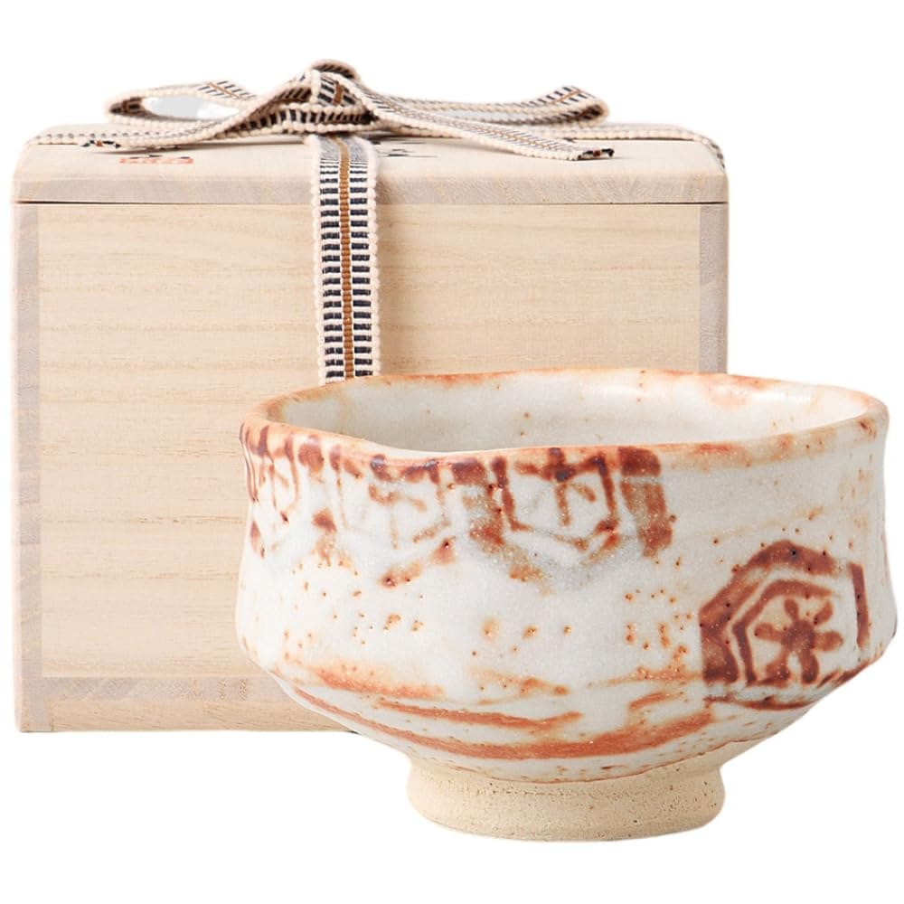 抹茶碗 径13.5×高8.5cm 志野亀甲紋茶碗 白 木箱入り 抹茶茶碗 茶道 茶道具 陶器 美濃焼 日本製