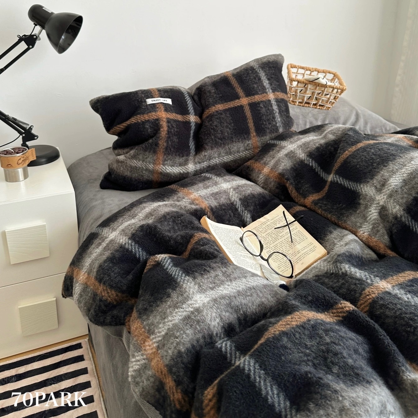 グレー ミックス レトロ チェック柄 布団カバーセット 全2サイズ 冬用 厚手 ベッドカバー 寝具カバー シングル クイーン とろふわ おしゃれ 韓国 韓国インテリア 韓国 70P