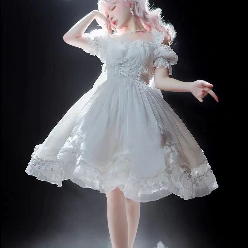 JSK ワンピースロリータ ドレス フルセット - エレガント クラシカル パフスリーブ 収納ウエスト 大人可愛い スリム 甘い風 ウエスト 超妖精 ふわふわ プリンセス スカート【少数入荷】