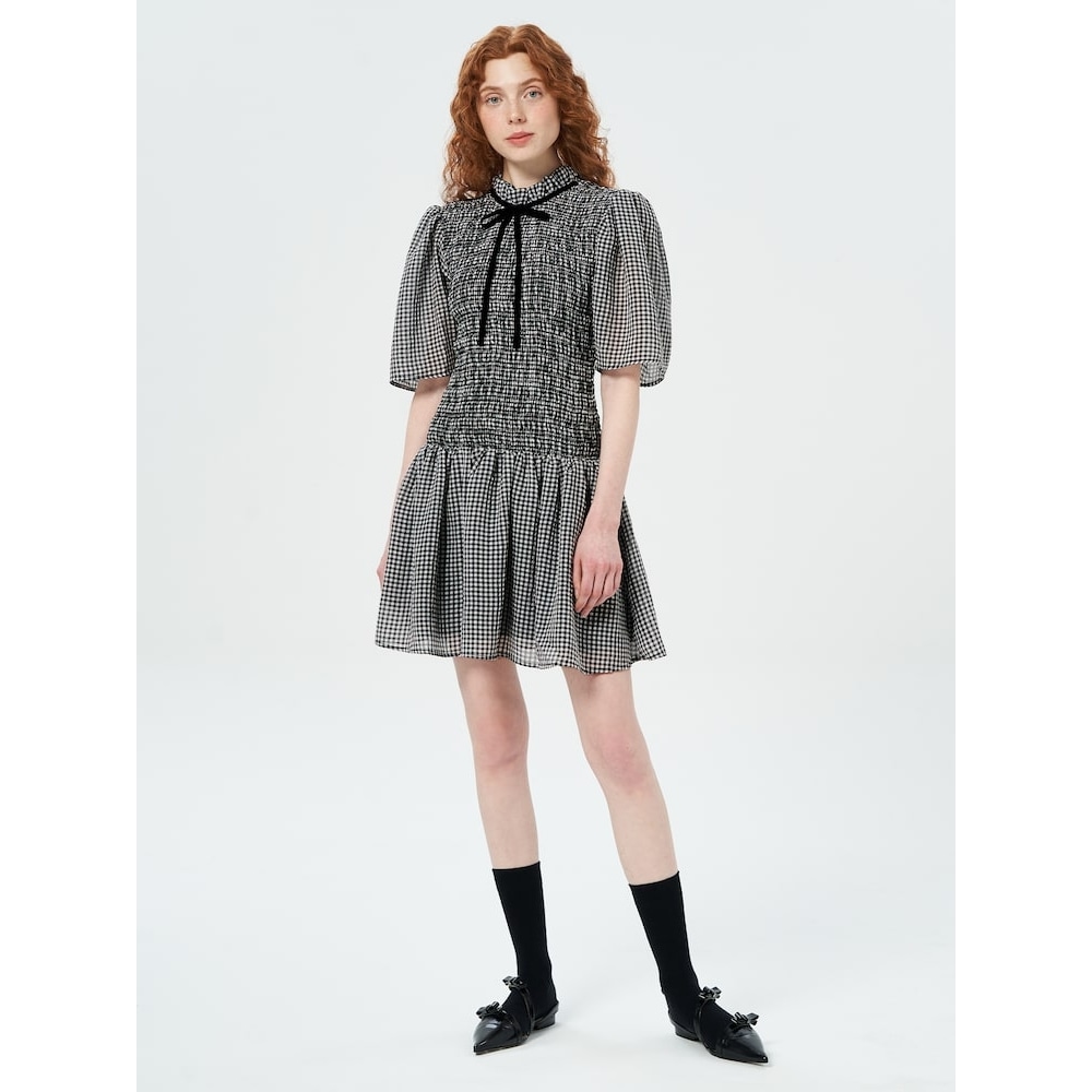 GANNI シアーフルイドチェックミニスモックドレス-ブラック QN5171R075
