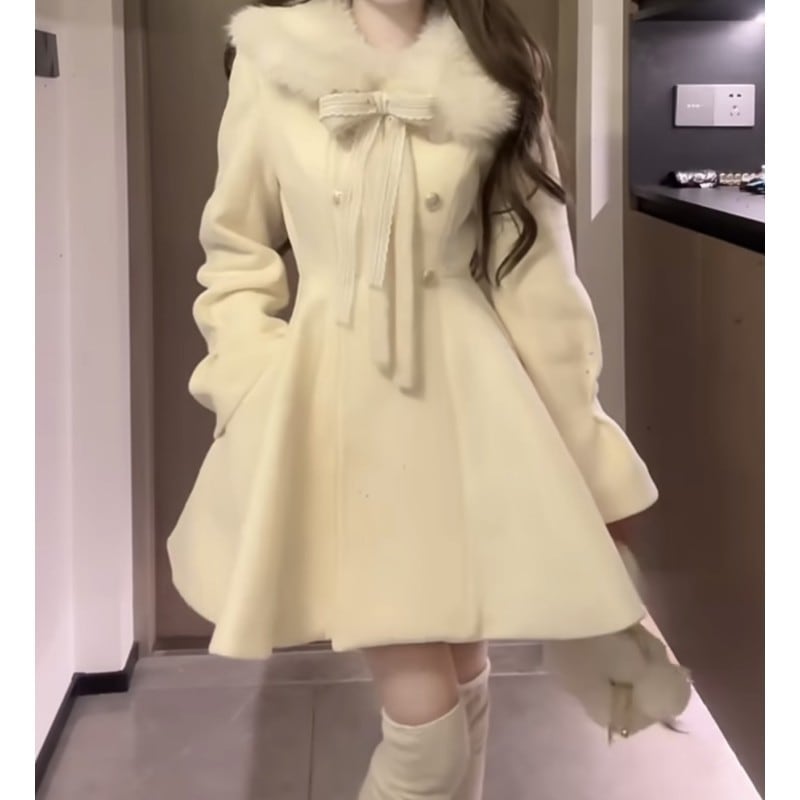 ファーの襟とリボンスカートが付いたハイエンドのファッショナブルな秋冬ウールウエストドレス
