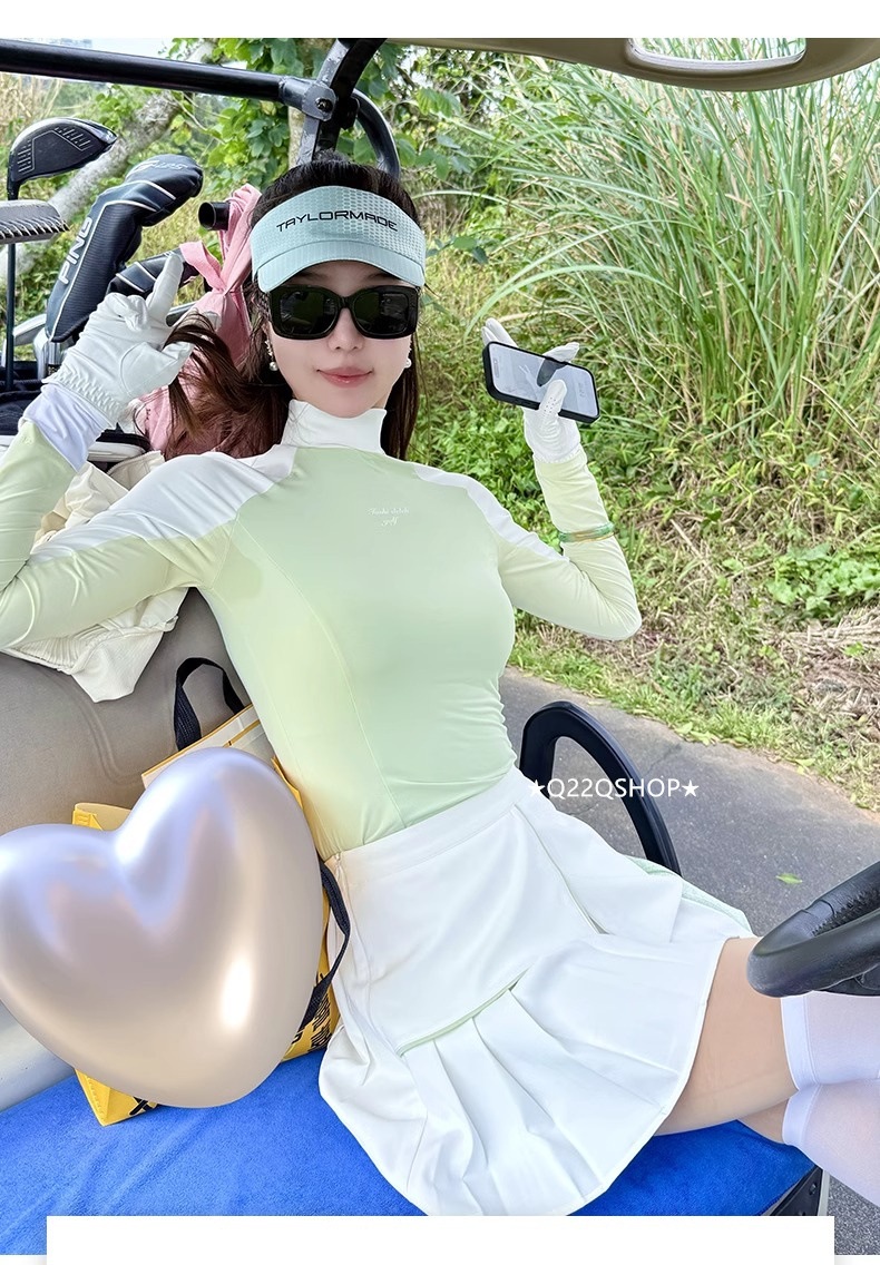 ゴルフウェア 2025 春夏 上下セット 長袖 プリーツスカ スカート 日焼け止め 速乾 緑白 かわいい 痩せる 韓国風 レディース ゴルフスカート スポーツウェア テニスウェア
