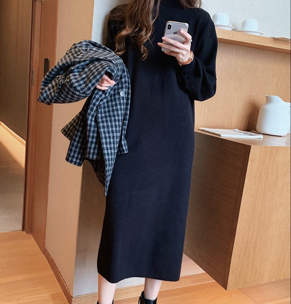 ワンピース デート ニットソー セーター ミモレ ミモレ丈 袖あり 長袖 春 秋 冬 10代 20代 個性的 ブラック S M L XL レトロ レディース ゆったり ニット ニットワンピ こなれ感