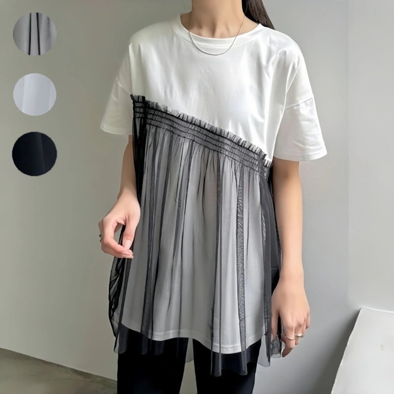 tシャツ Tシャツ チュールドッキングビスチェ風トップス レディースシースルートップス