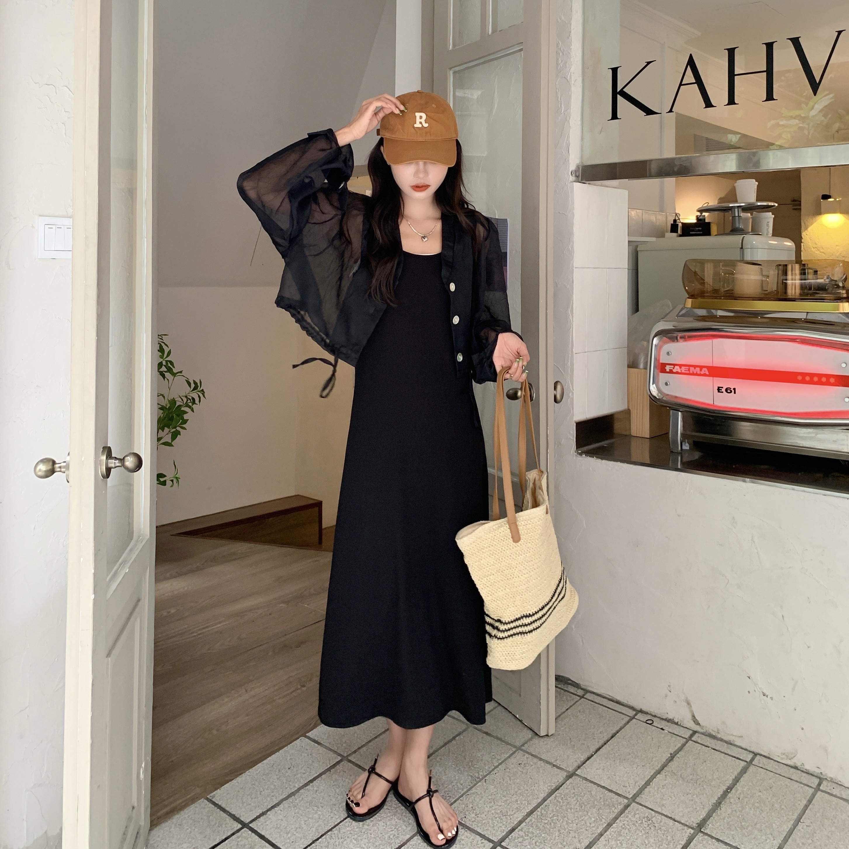 【セット】キャミソールワンピース＋シアーシャツ セットアップ ワンピース キャミワンピ サマーワンピ 長袖シャツ ２点セット レディース 着回しコーデ 春夏 レディースコーデ 可愛い オシャレ 綺麗め