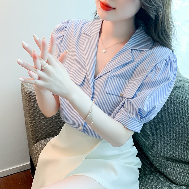 トップス シャツ ブラウス 袖あり 半袖 パフスリーブ 襟付き シフォン 快適 着心地 かわいい 大人可愛い きれいめ シンプル カジュアル 大人 上品 おしゃれ お洒落 レトロ 大人可愛い 大人女子