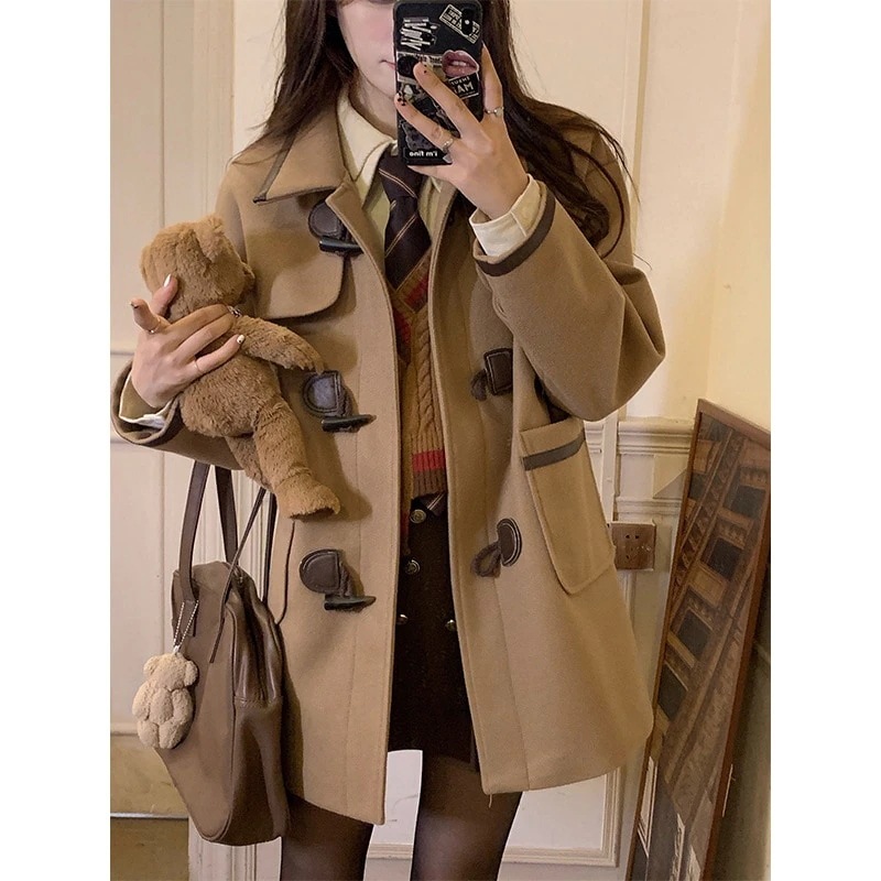 キャメルカラー カシミヤ おしゃれ ラシャ ジャケット レディース 新作 大きめ ゆったり ホーンバックル コート 4,719円