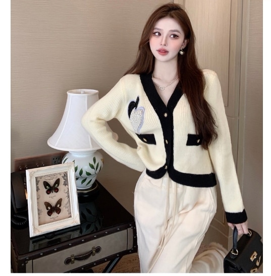 ハート バイカラー ニットカーディガン Ｖネック トップス ニットソー セーター ショート 袖あり 長袖 萌袖 襟なし リブ 前開き 2way ニット かわいい 大人可愛い きれいめ 大人 上品