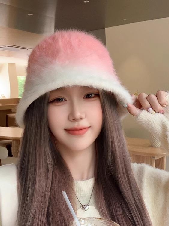 レディース 帽子 おしゃれ 秋冬 春 バケハ バケットハット 防寒 防風 調節可能 ファー 小顔効果 耳 隠れる 旅行 アウトドア グラデーション ピンク 茶色 紫