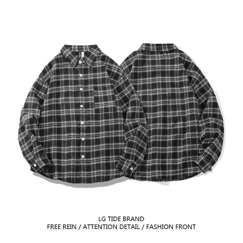 香港風レトロチェック柄シャツメンズ長袖ルーズシャツ春秋のハンサムジャケット