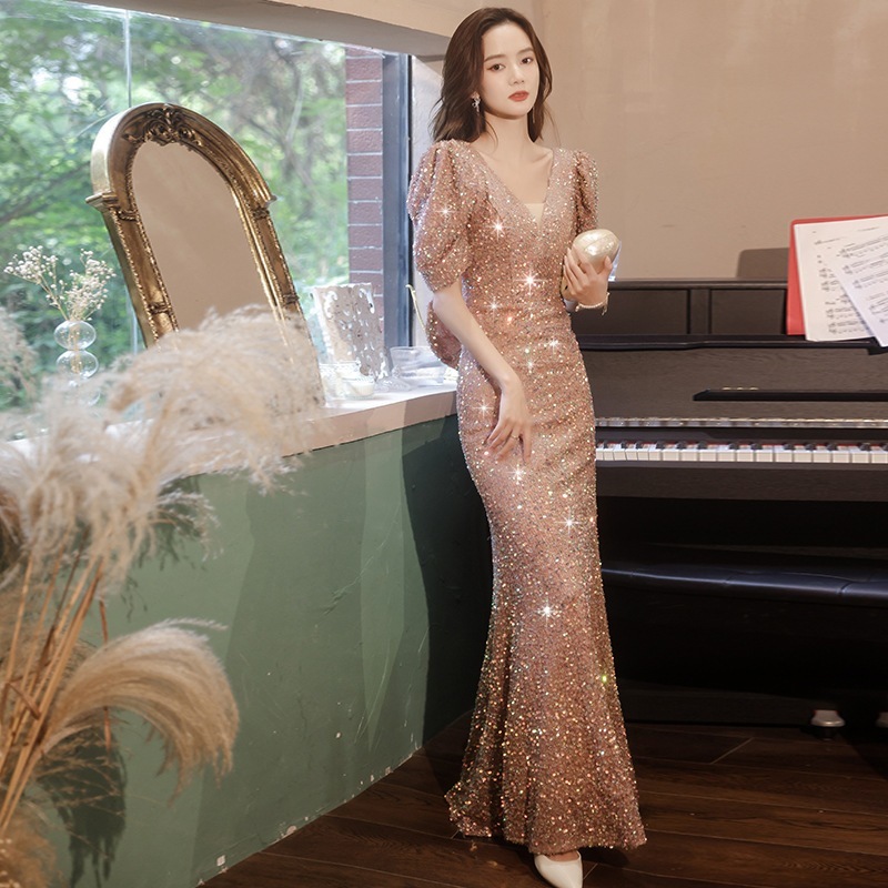 宴会用イブニングドレス ミディアムドレス 通気性 パーティードレス 結婚式ドレス 入学式 女性用 夏の新作 卒業式ドレス エレガントなピンクスパンコール パーティーミス・司会者向け マーメイドスカート