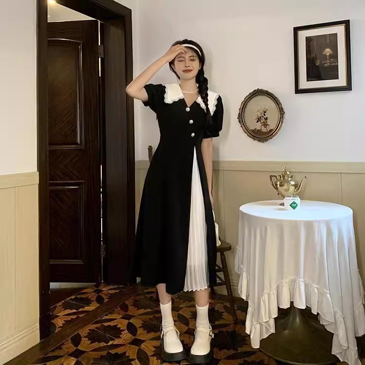 フランス 大きいサイズ 婦人服 コントラスト カラー ウエスト ドレス 個性的 ワンピース 膝下 袖あり 半袖 Vネック 襟付き 大人可愛い おしゃれ お洒落 大人女子 ラブリー キュート ガーリー