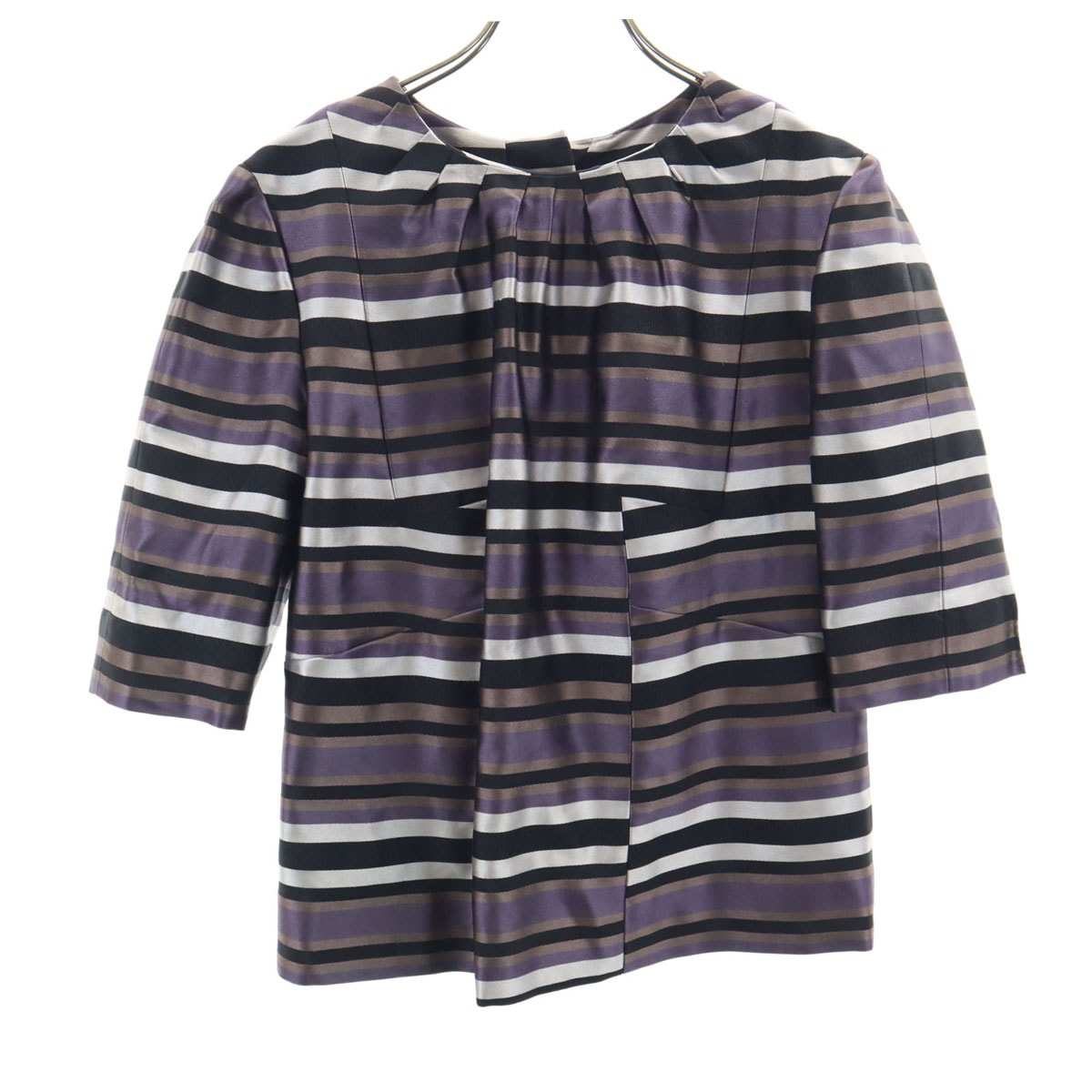 フランス製 シルクブレンド ボーダー柄 5分袖 ブラウス 38 パープル レディース 古着