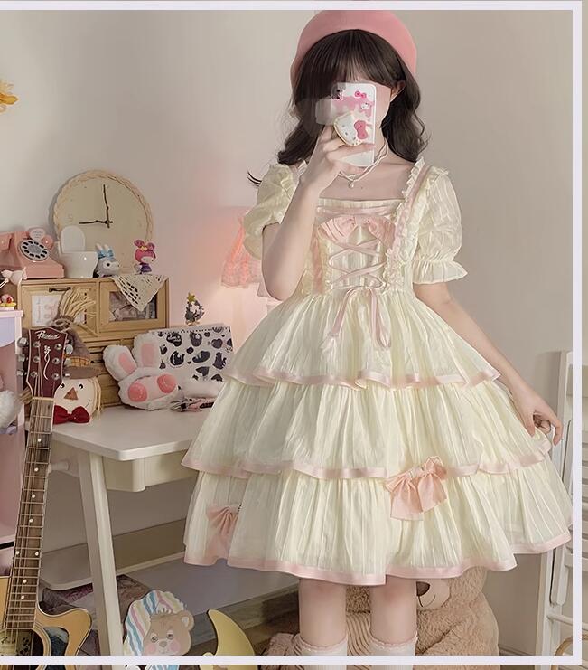 半袖ロリータドレス ワンピース チュチュワンピース レースコスプレ衣装ドレス 大きいリボン ワンピース 森ガールリボン 二次元 ロリータドレス ゴスロリ Lolita コスプレ メイド服 姫様 魔女