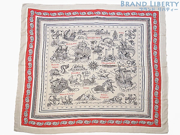 ほぼ新品エルメスカレジェアン140船乗りのタトゥーバンダナ大判ストールショールスカーフナチュラルレッドブラック