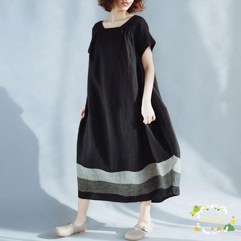 ワンピース レディース フレアワンピース ロング ミモレ丈ワンピース 半袖 リネンワンピース 春夏 ロングワンピース レトロ ストライプ きれいめワンピース 夏