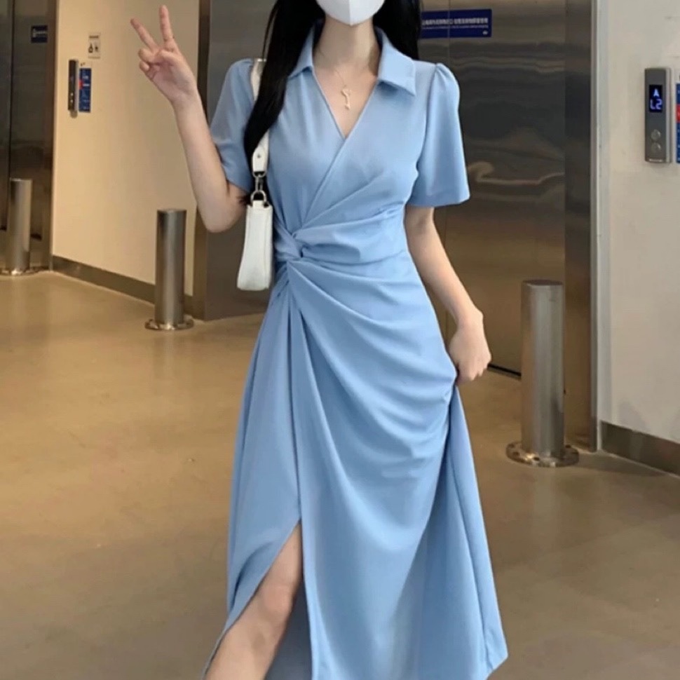 レディース スカート ワンピース ミモレ ロング アシンメトリー 半袖 Vネック カシュクール 襟付き Aライン フェミニン リボン ウエストマーク サイドスリット ハイウエスト かわいい 大人可愛い 5,832円